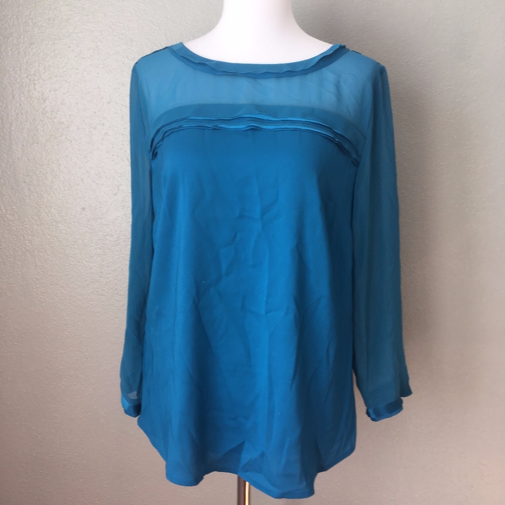 Ann Taylor Sheer Shoulder Longsleeve Blouse Blue